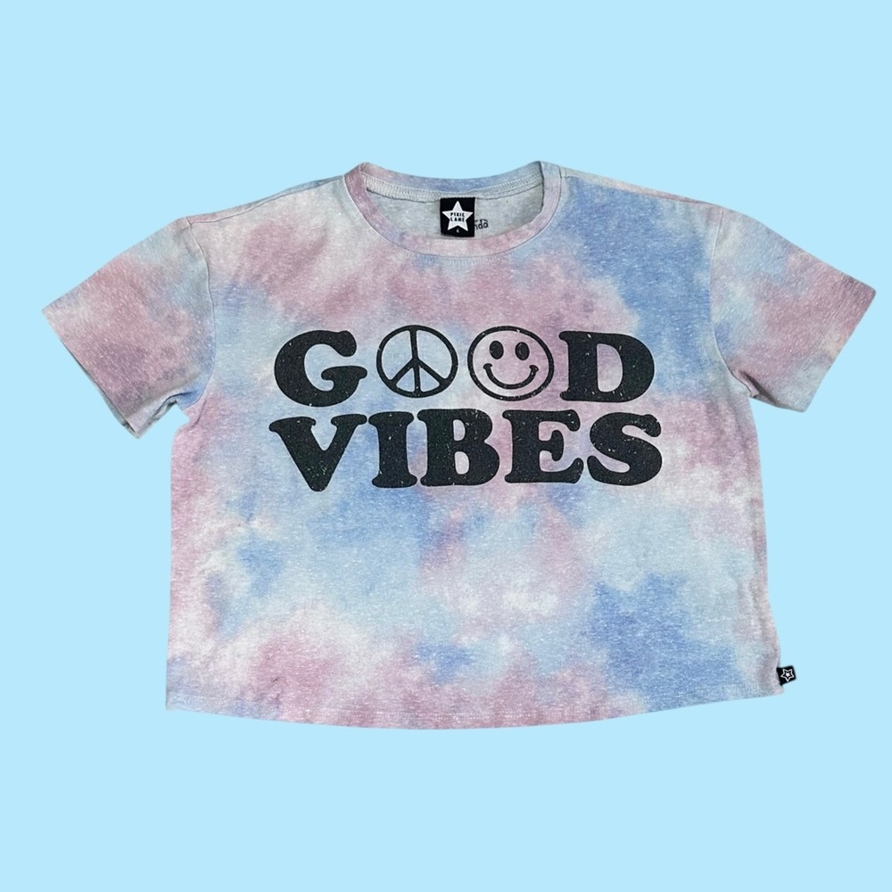 PixieLane Girl's "Good Vibes" Pink & Blue Tie Dye Cropped Graphic Tee - Size 6